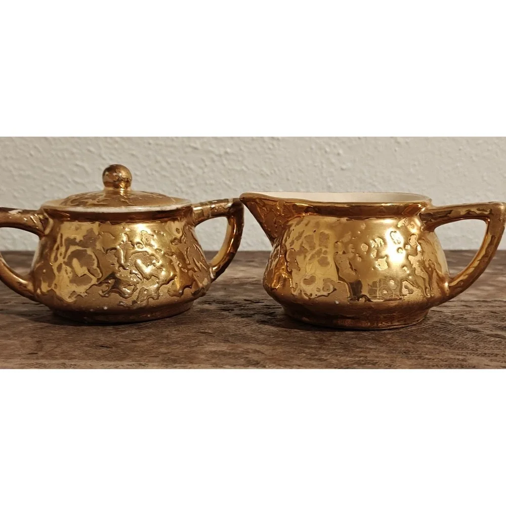 McCoy Pottery 24k Weeping Gold Sugar Bowl & Creamer Set, 1950's MCM